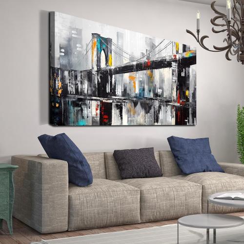 CANEITO New York City Wall Art for Living Room, Brooklyn Bridge Canvas Wall Decor for Bedroom, Black and White Cityscape Print Paintings, Size 24x48 Inches