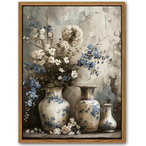 Floating Framed Farmhouse Floral Canvas Wall Art, Vintage Blue and White Flower Pictures Wall Decor, Elegant Art Jar Posters Print for Living Room Bedroom Bathroom Rustic Decor 16x24 inch
