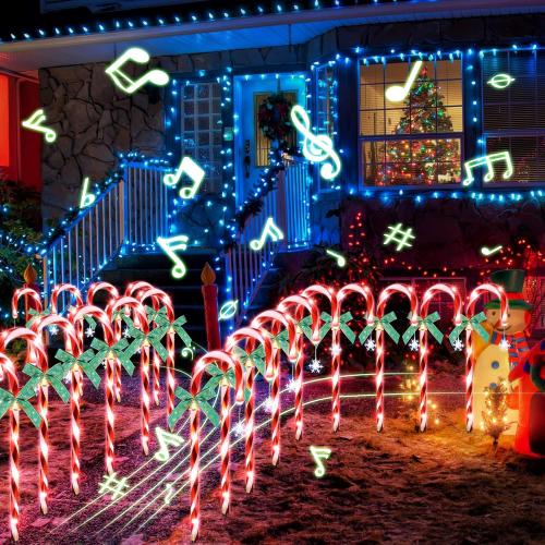 Hiboom 12 Pcs Christmas Candy Cane Light with 4 Christmas Theme Music, 20'' Pathway Markers Lights with Stakes Holiday Driveway Light for Xmas Holiday Party Walkway Garden Decor(Red, White)