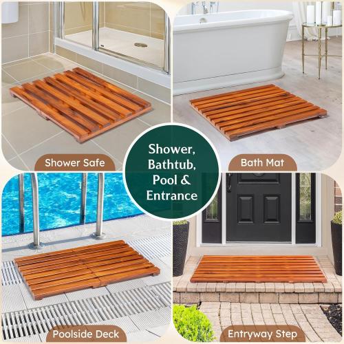 Teak Bath Mat 32x18 Extra Large - Solid Wood Shower Mat for Bathroom, Spa & Outdoor Use - Non-Slip Fast-Drying Design - Natural Teak Wood - Wide Slat Floor Mat for Tub & Pool