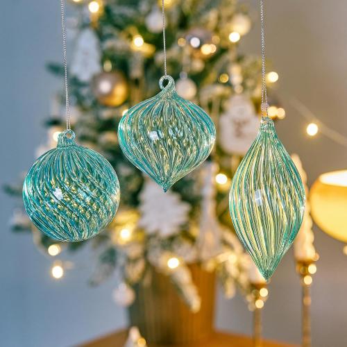 3 Pcs Hand Blown Glass Christmas Ornaments Hanging Baubles for Xmas Tree Decorations (Blue)