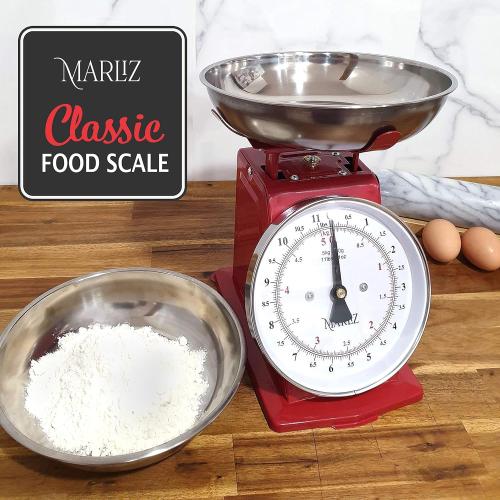 MARLIZ 11 lb/ 5Kg Mechanical Food Scale - Analog Kitchen Scale with 2 Bowls (Grams & Ounces) | Balanza de Cocina - Red Meat Scale
