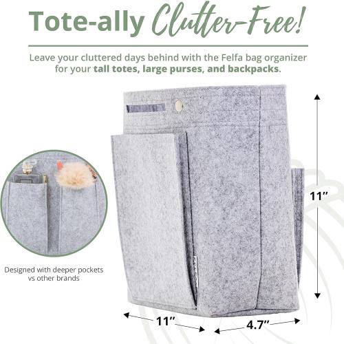 11 inch Soft Grey Felt Tote Organizer Insert for Purses, Backpacks, and Tall Totes