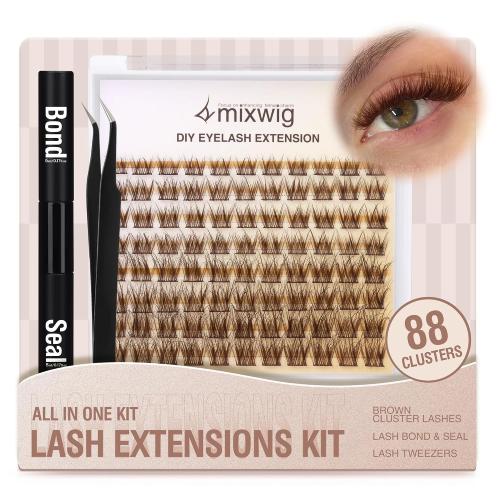 Brown Lashes Clusters Kit Natural Eyelash Extension CC-Curly Individual Lashes Kit with 8-16MM Brown Lash Clusters Lash Bond and Seal & Lash Applicator