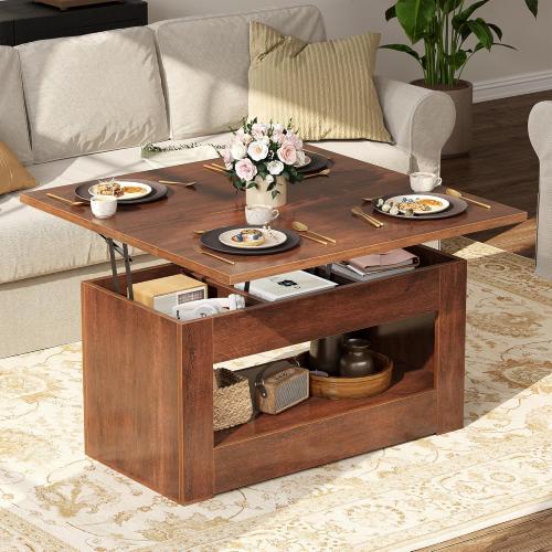 40 Lift Top Coffee Table, 4 in 1 Multi-Function Lift Coffee Table with Storage and Hidden Compartment, Convertible Coffee Tables to Dining Table for Living Room, Walnut