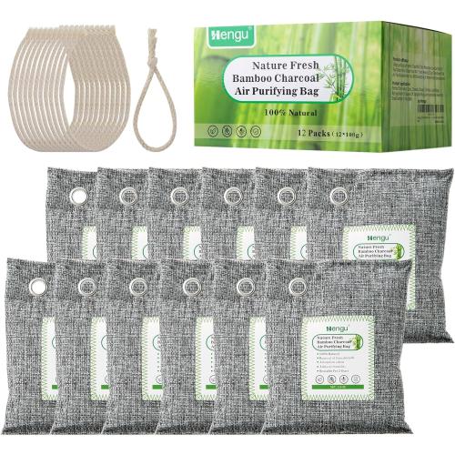 Size Large Set of 12 Activated Charcoal Odor Absorber (Large, 12 Pack, 100g each), Natural Charcoal Bags Odor Absorber Bamboo Charcoal Air Purifying Bag for Home, Fridge, Cabinet