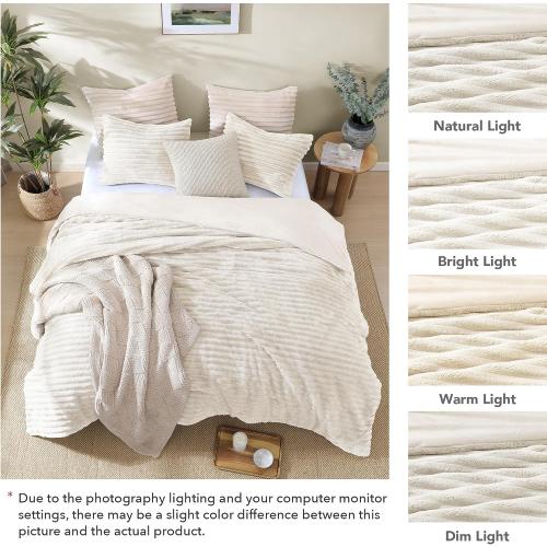 Geniospin Luxury Fluffy King Comforter Set-3 Pieces, Ivory Comforter King Size All Seasons, Faux Fur Bedding Set, Plush Fuzzy Comforter(Ivory, 102''x90'')