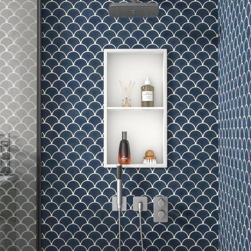 Stainless Steel Shower Niche White 24 X 12 W/ 2-Tier Shelf | Recessed shower niche no tile needed,space-saving,vertical niche, silver bathroom niche shower for shampoo & soap storage