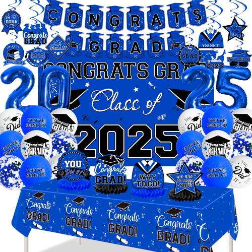 Graduation Decorations 2025, Class of 2025 Backdrop, Banner, 2025 Foil Balloons, Tablecloth, Hanging Swirls, Honeycomb Centerpieces, Party Supplies Decorations Set for College (BLUE)