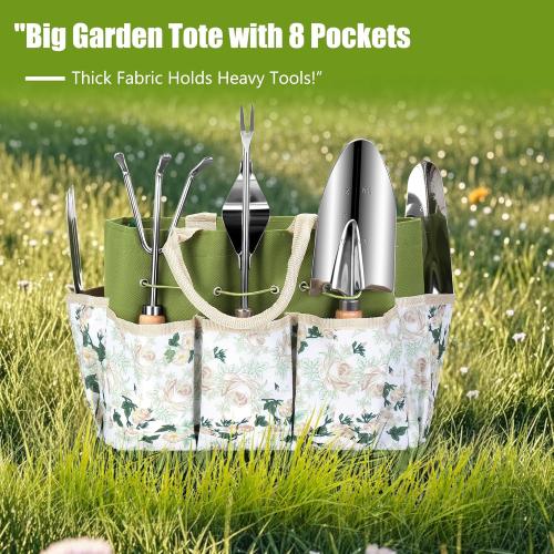 Garden Tools Set 10-Piece, Heavy Duty Stainless Steel Garden Hand Tools with Floral Tote Bag - Rust-Proof Garden Tools for Gardening, Gardening Gifts for Women Mom​