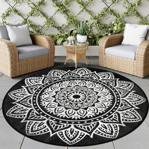 famibay Round Outdoor Rugs for Patios 5 Ft Round Outdoor Rug Waterproof Round Patio Rug Outdoor Plastic Straw Rug Lightweight Boho Outdoor Carpet Mats for Patio Backyard Camping Porch(Black/White)‼️cut outside on the small black bag‼️