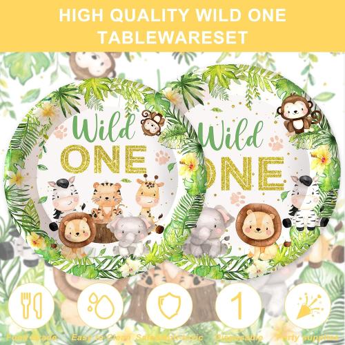 120PCS Wild One Party Supplies for Boys 1st Kids First Birthday Party Jungle Animal Safari Decorations Woodland themed Tableware Set Plates Napkins Cups Set for 20 Guests