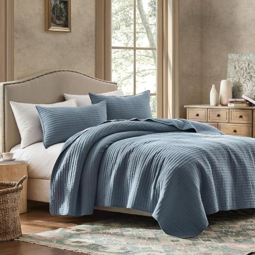 WDCOZY 100% Cotton Queen Size Quilt Set - Blue Striped Pick Stitch Soft Lightweight Bedspread, Textured Like Linen, Farmhouse Country Rustic Coverlet, Shabby Chic Gauze Bedding, 3 Pieces