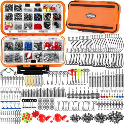 TOPFORT 187/343pcs Fishing Accessories Kit, Organized Fishing Tackle Box with Tackle Included, Fishing Hooks, Fishing Weights Sinkers, Fishing Gear and Equipment, Fishing Gift for Men