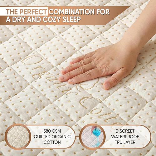 Luxury Quilted Organic Cotton Mattress Protector Full Size - 380 GSM Waterproof & Breathable Pad - Deep Pocket Fitted Cover - Soft & Silent Protection (Cotton Filling)