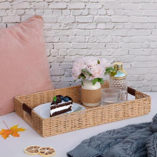 Size 20x12 Color Brown Handwoven Multipurpose Rectangle Rattan Tray, 20” x 12” – Durable Wicker Tray with Leather Handles for Home Decor Display