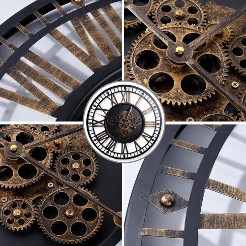24 Inch Large Digital Wall Clock with Real Moving Gears-Round Silent Vintage Industrial Metal Farmhouse Clock for Bedroom, Battery Operated, Roman Numeral, Golden