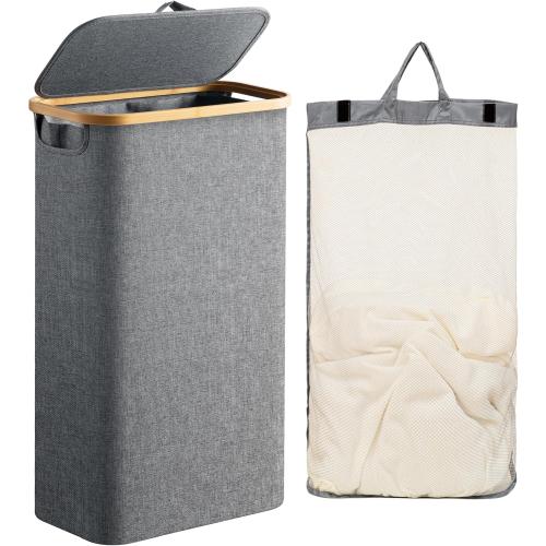 HBlife 60L Slim Laundry Hamper with Lid and Removable Inner Bag, Narrow Collapsible Dirty Clothes Basket for Bathroom, Bedroom and Laundry Room, Grey