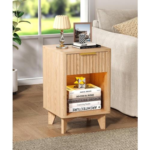 Fluted Nightstand Set of 2, Wooden Night Stand with Charging Station and LED Light, Modern Mid Century End Table with Drawer, Bedside Table for Bedroom, Natural Oak