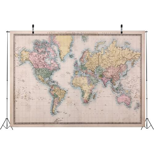 BELECO Vintage Map Backdrop Fabric 5x3ft Original Veteran Color Map of The World Photography Background Wallpaper Travel Theme Birthday Party Decorations Kids Adults Portrait Shooting Photo Props