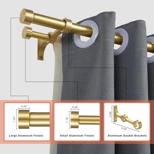Double Curtain Rods with Aluminum End Cap and Full Surround Brackets,1-Inches Front and 5/8 Inches Back Adjustable between from 36 to 72 Inches (3-6 Feet),Brass Double Window Drapery Rod for