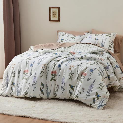 Bedsure Floral Comforter Twin Size, White Breathable Cute Bedding 2 Pcs