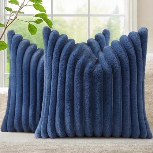 decorUhome Cozy Faux Fur Spring Throw Pillow Covers 18x18 Set of 2 Decorative Soft Plush Striped Modern Farmhouse Boho Couch Pillow Cases with Velvet Back for Sofa Bed Living Room, Blue