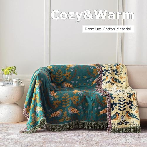 Boho Throw Blanket for Bed 100% Cotton Soft Quilt Lightweight Blanket Bird Floral Embroidery Farmhouse Room Decor Twin Bed Blankets,60×80 All Season Breathable Throw for Sofa&Couch Chair