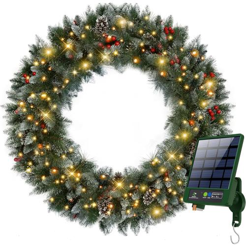 Solar Wreath 48 inch, Outdoor Christmas Wreaths Large with 250 LEDs & 8 Lighting Modes, Lighted Holiday Decorations for Outside