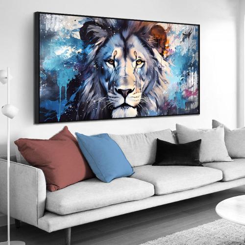 Lion Wall Art for Living Room, Animal Canvas Wall-Decor for Bedroom, Blue Picture Print, Large Size 59x29 Inches Framed