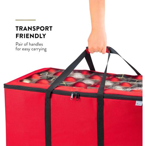 ZOBER Christmas Ornament Storage Box - Stores 200 3 Ornaments with Individual Trays - Tear Proof 600D Oxford Fabric - ornament organizer storage box (Red, 200-3 Ornaments)