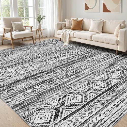 5x7 Area Rug for Living Room, Washable Non-Slip Large Area Rug, Indoor Floor Carpet Low Pile Soft Boho Farmhouse Rug for Bedroom Dining Room （White/Black，5x7）