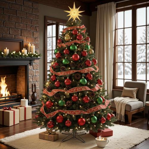 6 FT Pre-lit Christmas Tree, Artificial Pine Spruce Christmas Tree 980 PVC Branch Tips 300 Warm White Lights, Easy Assembly with Metal Stand and Hinged Branches Decoration