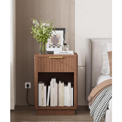 Akxomel Fluted Nightstand, Wooden Night Stand with Charging Station and LED Light, Modern Mid Century End Table with Drawer, 15 D x 15.7 W x 22.6 H, for Bedroom, Walnut
