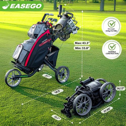EASEGO Golf Push Cart 3 Wheel : Golf Bag Cart Foldable with Phone Holder/Cup/Umbrella Holder Compact Golf Pull Carts Quick Fold Golf Caddy Push Carts with Large Wheelbase for Different Terrain