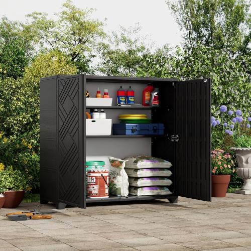 ZZM Indoor/Outdoor Storage Cabinet Waterproof, 34x15x34 Plastic Outdoor Storage Box for Garden Balcony Bathroom, All Weather Outdoor Storage Clearance, DIY Usage, with 1 Shelf (Black)