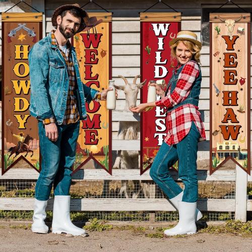 4 Pcs Western Cowboy Party Decorations Wild West Banner Howdy Yes Haw Welcome Hanging Decor Rustic Western Porch Sign Cowboy Rodeo Door Decorations for Bar Birthday Photo Props Vintage Party Supplies