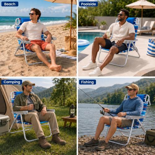 SUNNYFEEL XL 28 Extra Wide Beach Chair for Adults,Low Backpack Beach Chair | 5-Position Lay Flat Reclining, 500 lb Heavy Duty Folding Chair with Pillow & Cup Holder, Darkblue Stripe