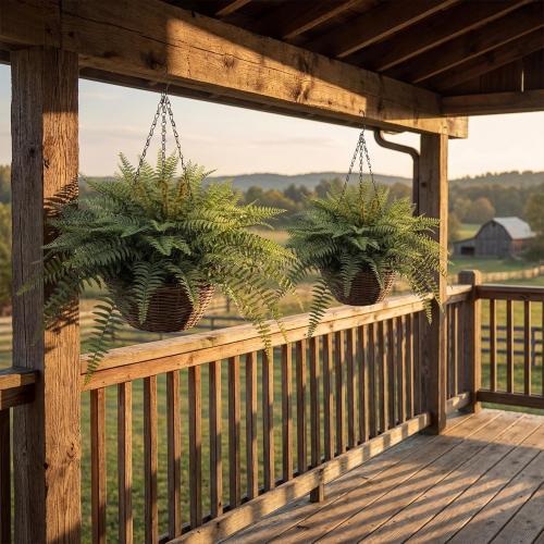 Artificial Boston Ferns Hanging Plants 2 Pack Fake Hanging Plants for Outdoors, UV Resistant Outdoor Hanging Faux Ferns Plants for Front Porch Indoor Décor