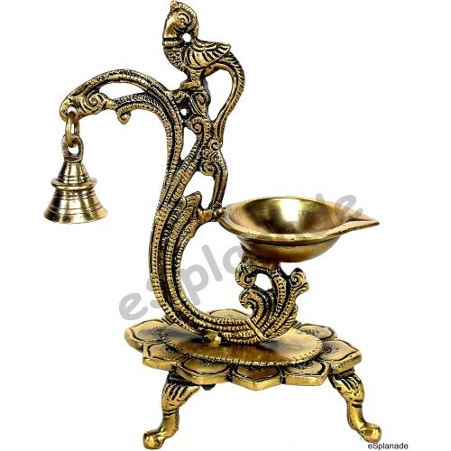 eSplanade - 8 - Peacock Diya with Bell - Lotus Shaped Round Brass Diya | Oil Lamp Deepam | Home Decor | Kuthu Vilakku | Oil Lamps for Home and Office