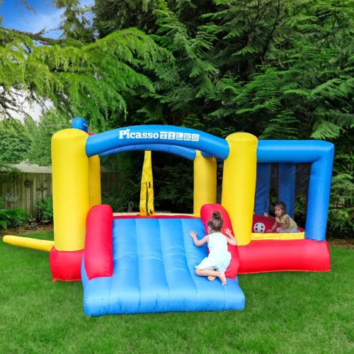 [Upgrade Version] PicassoTiles KC102 12x10 Foot Inflatable Bouncer Jumping Bouncing House, Jump Slide, Dunk Playhouse w/Basketball Rim, 4 Sports Balls, Full-Size Entry, 580W ETL Certified Blower‼️light dirt‼️