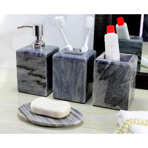 Bathroom Accessory Set Made from Natural Stone - Bath Accessories Set of 4 Includes Soap Dispenser, Toothbrush Holder, Tumbler and Soap Dish (Grey)