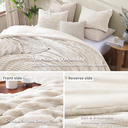 Geniospin Luxury Fluffy King Comforter Set-3 Pieces, Ivory Comforter King Size All Seasons, Faux Fur Bedding Set, Plush Fuzzy Comforter(Ivory, 102''x90'')