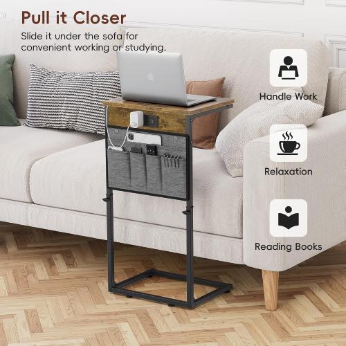 Black Wood Brown and Grey Vagusicc C Shaped End Table with Charging Station, 33 Tall Side Table for Couch, Sofa Table Adjustable Height Small Couch Side C Table, Slide Under Sofa Tray Arm Table for Living Room, Bedroom, Brown