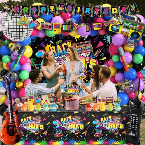 80s Party Decorations 90s Theme Birthday Party Decorations 80s Party Supplies with Back To The 80's Backdrop Tablecloth HAPPY BIRTHDAY Bannner Radio Boombox and Mobile Phone Balloon Arch Kit
