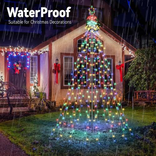 Lomotech Christmas Tree Lights - 10Ft 404 LED with 7.08 Topper, Remote Controll Waterproof Iron Pole Waterfall Lights for Outdoor Christmas Decorations (Multicolor)