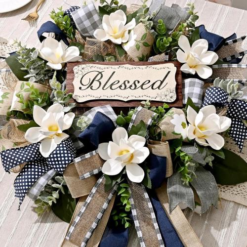 Waipfaru 22 Inch Spring Summer Wreath, Magnolia Wreaths for Front Door with Eucalyptus & Blue Grey Burlap Bow, Year Round Wreaths for Porch Farmhouse Patio Door Decor All Season (1 Pcs)