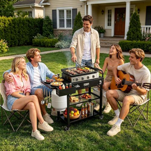 Grill Cart for Blackstone Griddle, Outdoor Grill Table for Ninja | Foldable Pizza Oven Stand Grill Stand Fit 17 or 22 Inch Tabletop Griddle, Portable BBQ Prep Station with Tool Hooks & Wheels