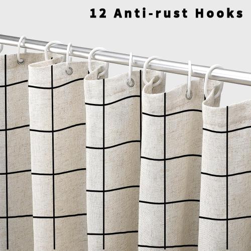 Farmhouse Plaid Shower Curtain Beige Linen Shower Curtains for Bathroom Natural Black Pattern 72 x 72 Inch