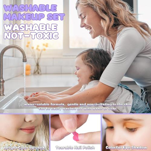 54 Pcs Kids Makeup Kit for Girls, Princess Real Washable Pretend Play Cosmetic Set Toys with Mirror, Birthday Gifts for 3 4 5 6 7 8 9 10 Years Old Girls Kids (Light Purple)